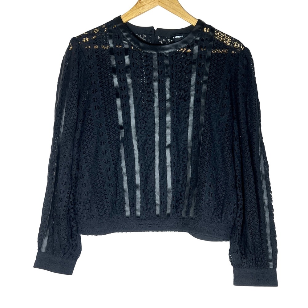 Express Black Lace Faux Leather Trim Lace Blouse Long Sleeve Crew Neck Top Large